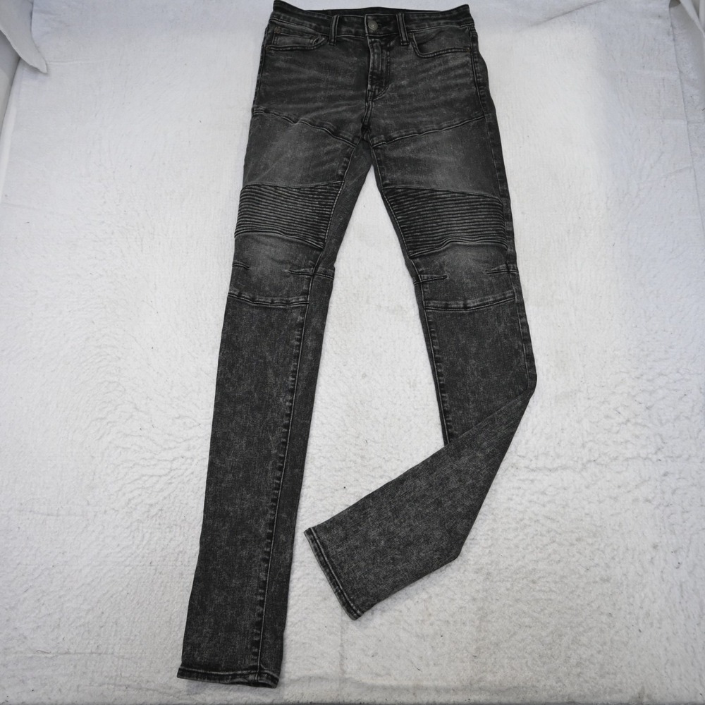 American Eagle Stacked‎ Skinny Moto Mens Size 30 x 32 Black Stretch Denim Jeans